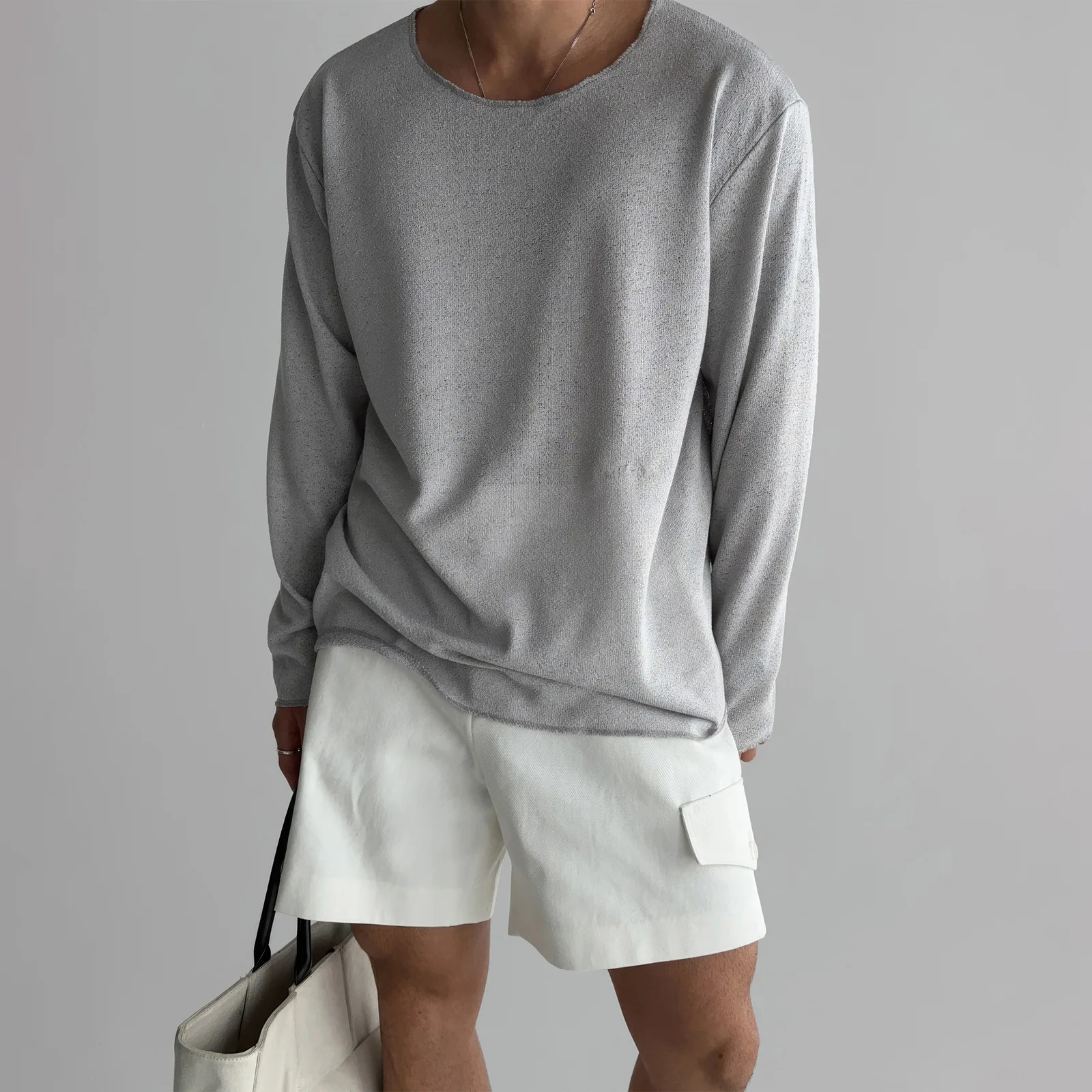 Lazy Wind Hollow Knitted Thread Clothes Men's Silky Smooth And Soft Loose Large Neck Long Sleeve Sunscreen Clothes Loose Low Nec