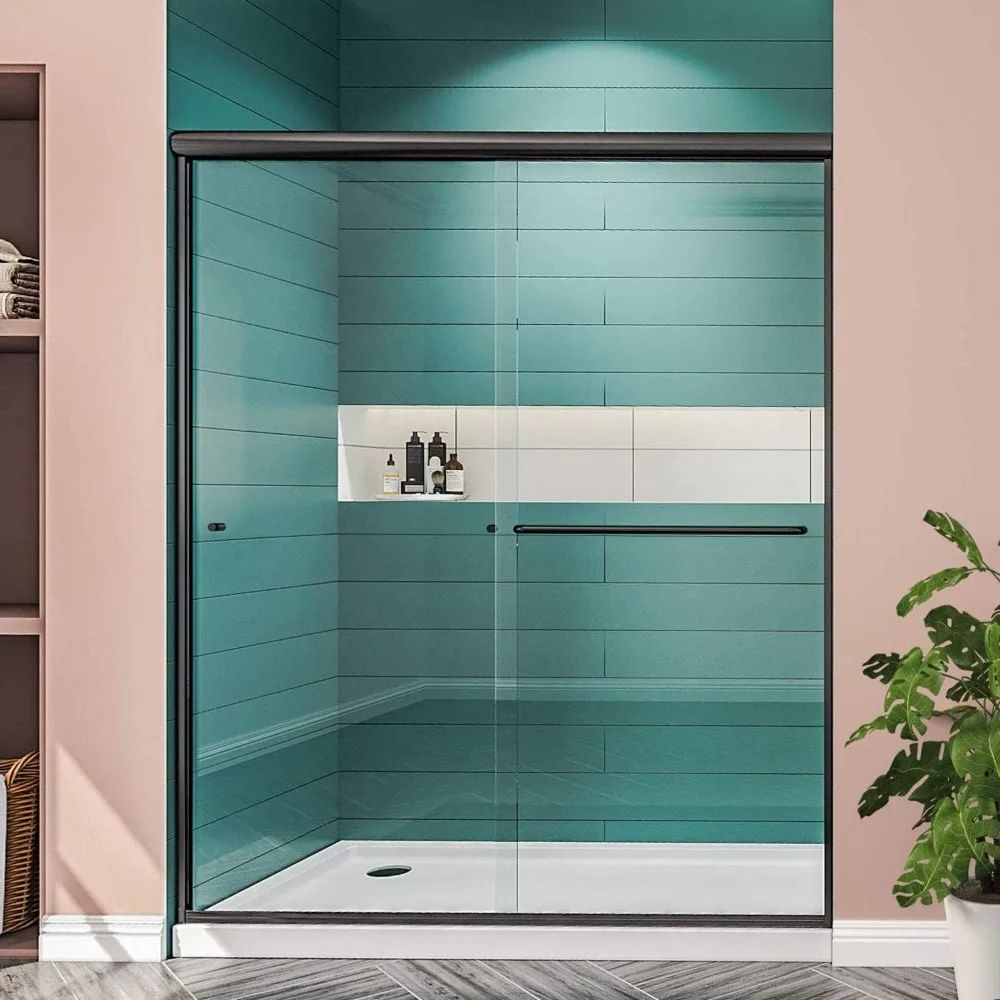 Sliding Shower Door, 58-60 in. Wide, Clear Glass Panel, with Handle, Stainless Steel Frame, Semi-frameless Sliding Shower Door