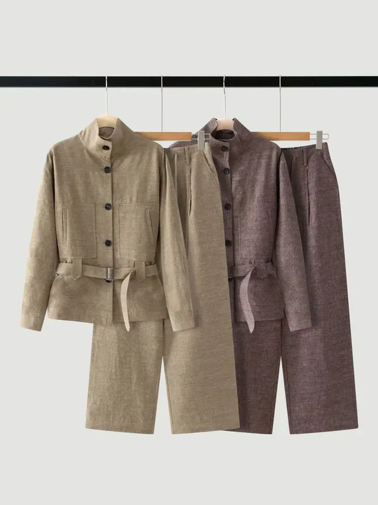 2026Women's Autumn/Winter  Linen-Wool Two-Piece Set: Stand-Collar Cropped Jacket and Wide-Leg Trousers