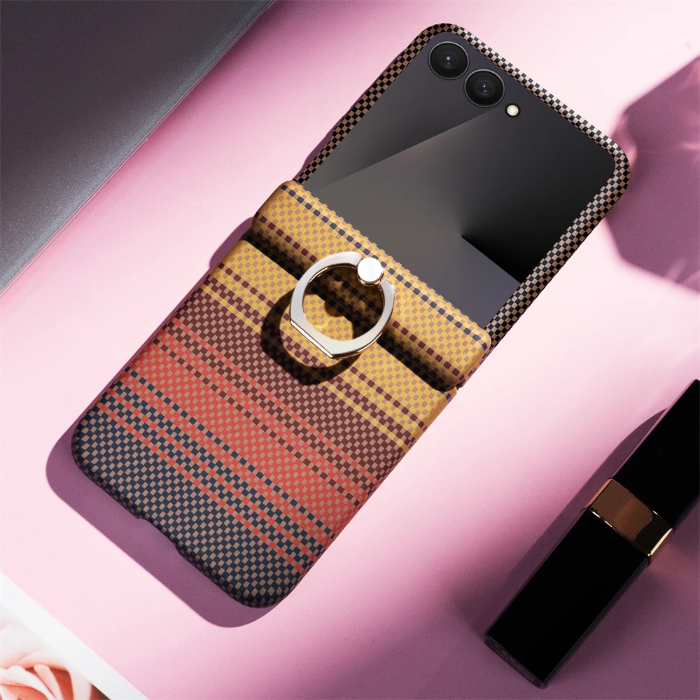 For Samsung Galaxy Z Flip 7 6 5 4 3 7FE Carbon Fiber Texture Magsafe Phone Case Wireless Charging Hinge Ring Frosted Hard Cover