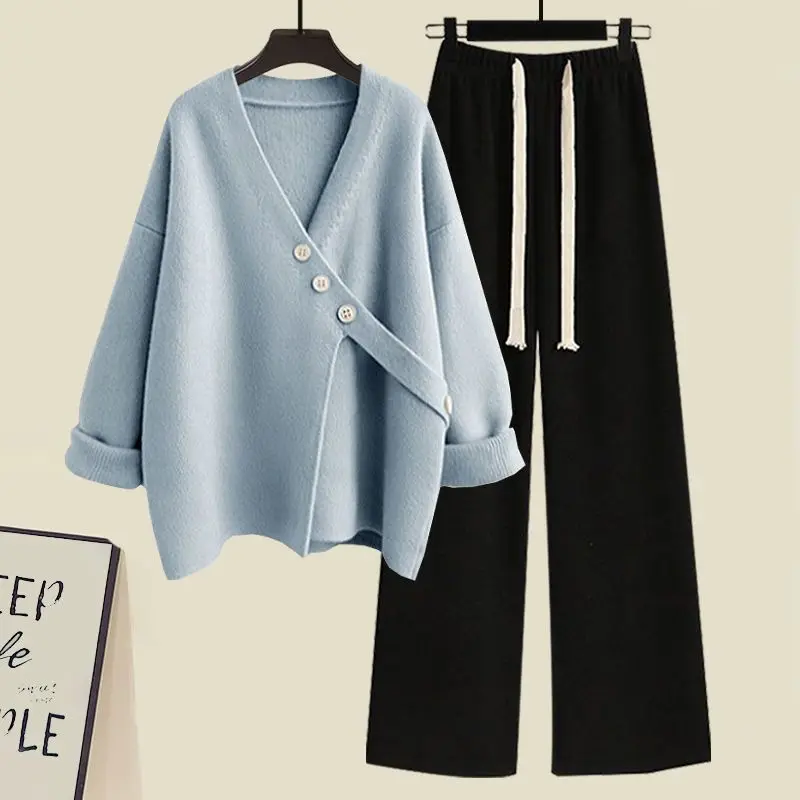 2024 Autumn/Winter New Korean Elegant Matching Set Women Chic Irregular Knit Sweater+Wide Leg Pants 2-Piece Female Clothes Suit