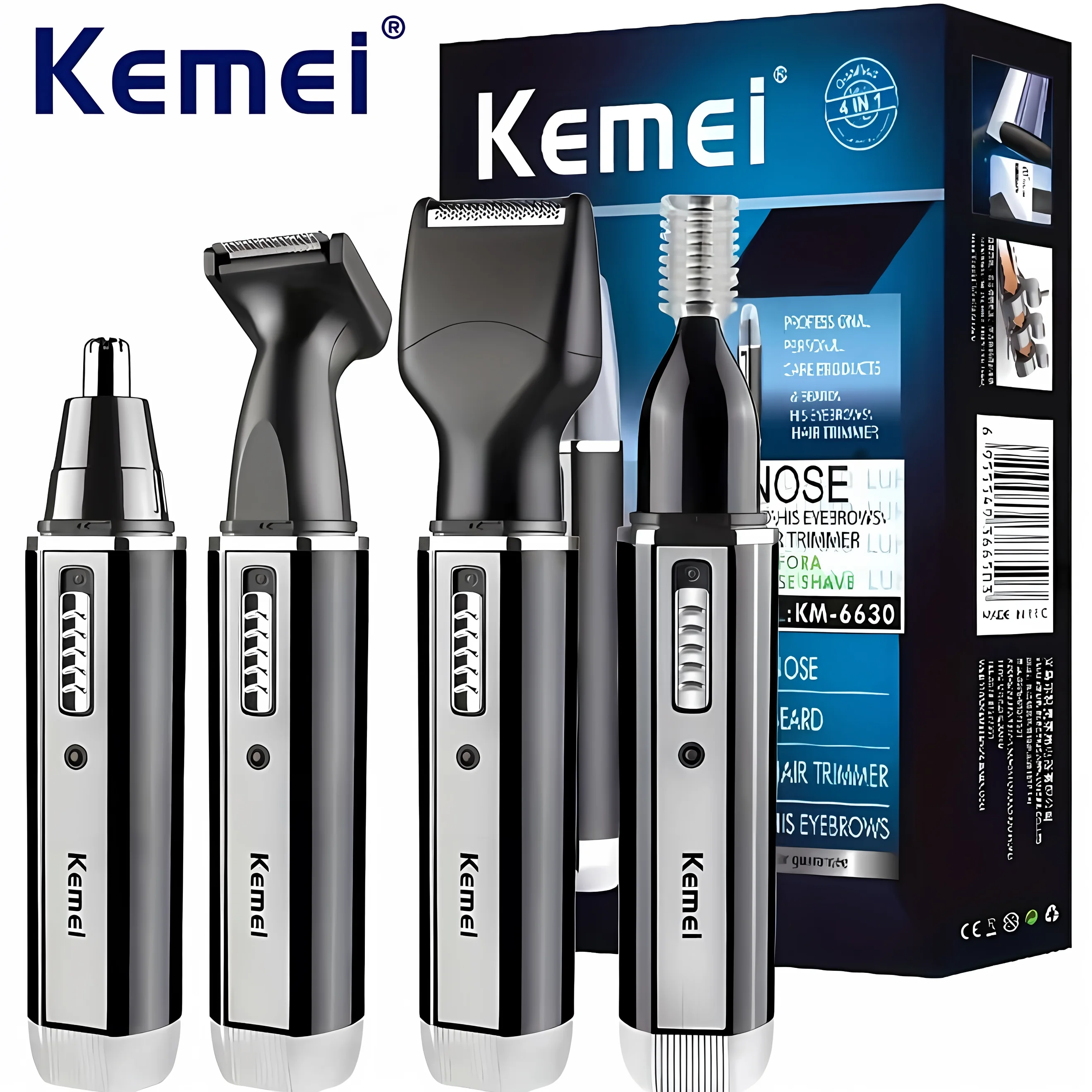 Kemei KM-6630 4 in 1 Nose Eyebrow Hair Beard Trimmer Rechargeable Electric Shaver Nose Ear Trimmer With Temple Cut for Men