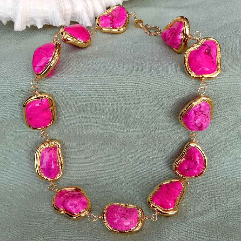 YYGEM 24x30mm Pink Color Turquoise Freeform Beads Gold Plated Choker Necklace Chunky Necklaces Nice Gift view 4