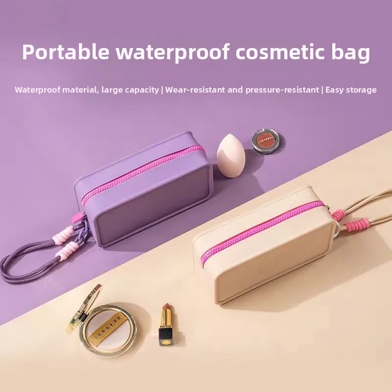 Candy Color Silicone Makeup Bag with Braided Wrist Rope Portable Lanyard Cosmetic Bags Waterproof Zipper Toiletries Pouch