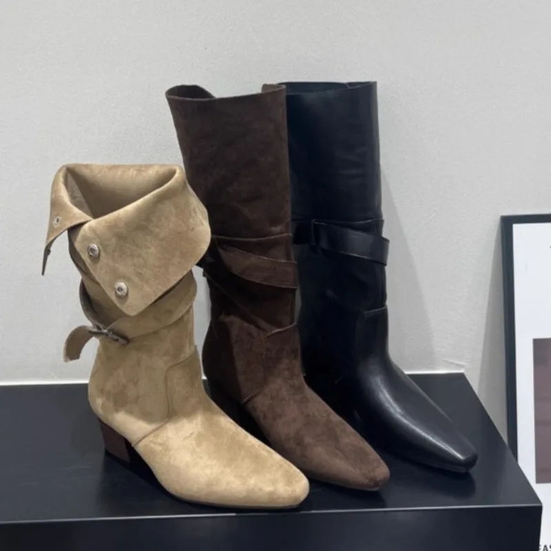 Mid Hakken Vrouwen Gesp Elegante Lange Laarzen Designer Klassieke Mode Schoenen 2025, Winter Nieuwe Trends Schoenen Gezellige Zapatillas De Mujer