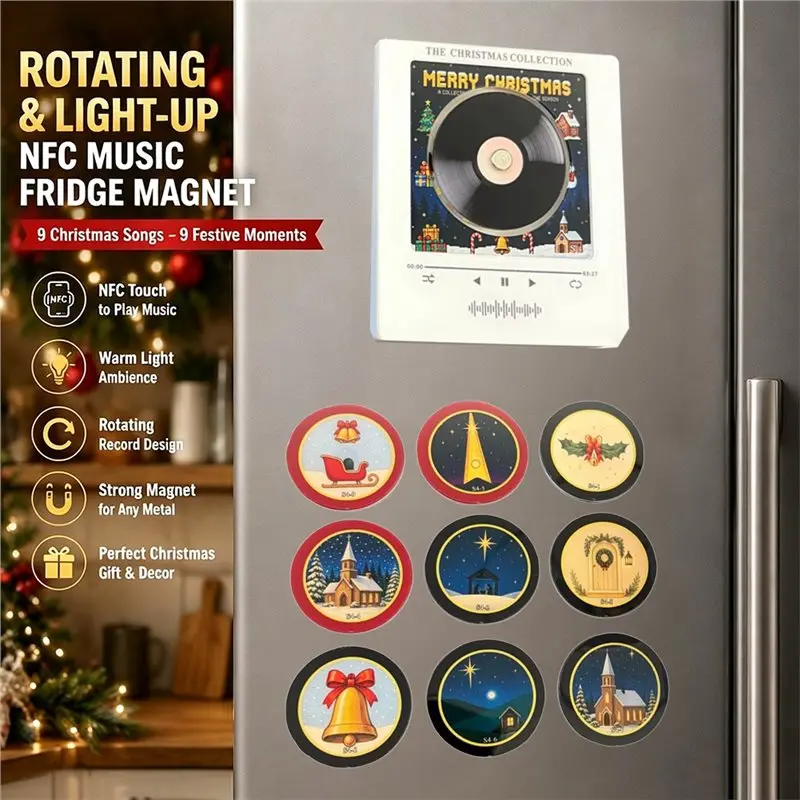 AT29-Xmas Music Fridge With 9 Disc Magnetic LED Night Light Automatic Singing Refrigerator Rotary Disc Machine