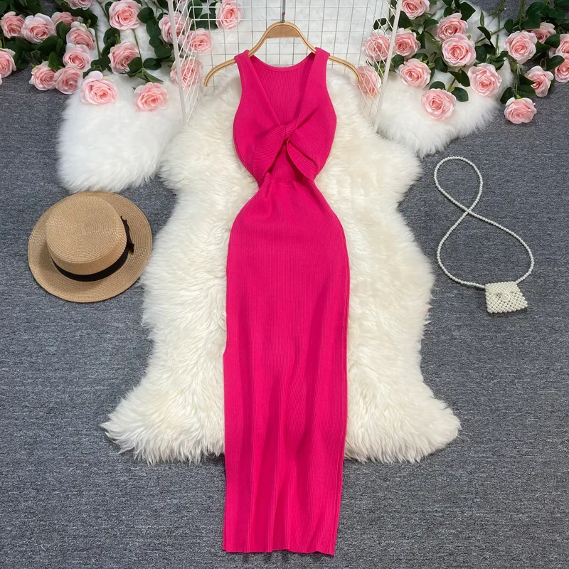 Summer Sleeveless Solid Knit Casual Evening Dress Women High Waist Midi Sheath Dress Ladies Y2k Dresses Women Clothes