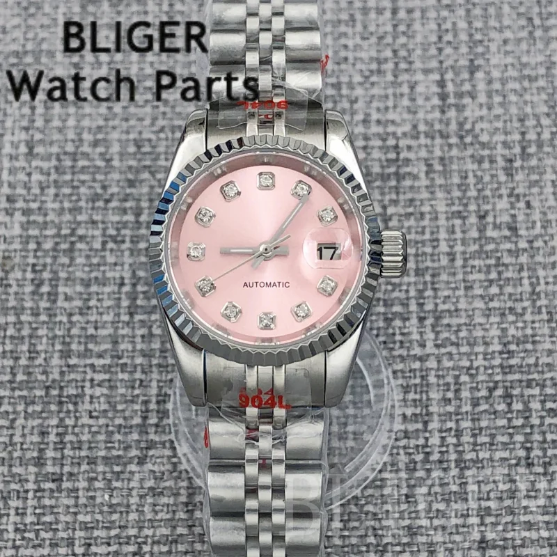 BLIGER 25.5mm NH05 Mechanical Watch For Women Pink Dial Diamond Index Sapphire Glass Steel Strap Lady's 100M Diving Wristwatch