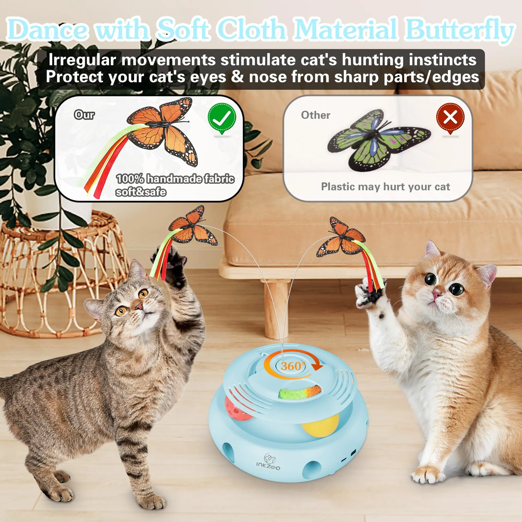 INKZOO 4-in-1 Interactive Cat Toys for Indoor Cats, Automatic 6 Holes Mice Whack-A-Mole, Fluttering Butterfly, Track Balls, USB