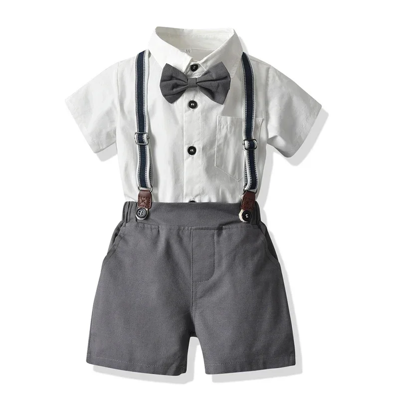 

2025 Summer Little Boys Gentleman Clothes Sets Baby Children Short Sleeve ShirtShorts Outfits Fashion with Bowtie+suspenders