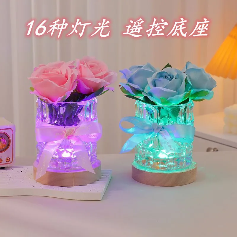 Customized Rose Glass Lamp with Light, Solid Wood Base, Living Room Bedroom Nightstand Decoration Ornament, Birthday