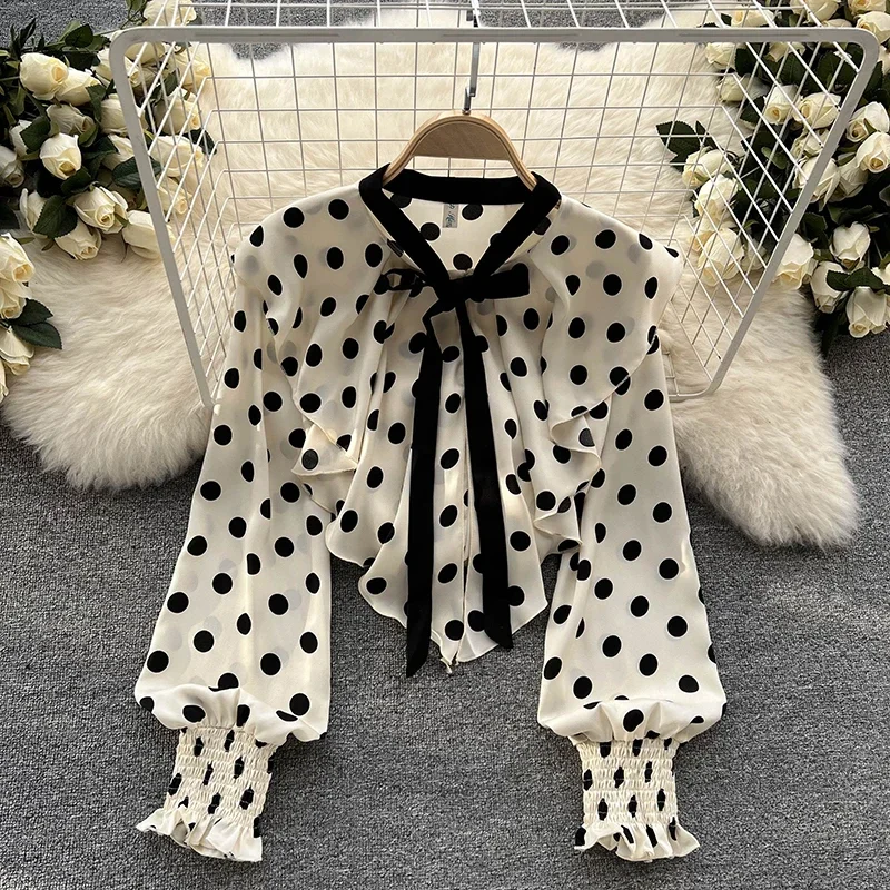 Frauen Elegante Büro Chiffon Shirts Polka Dot Gedruckt Langarm Bluse Rüschen Süße Top Casual Dünne Harajuku Tees Mode Neue