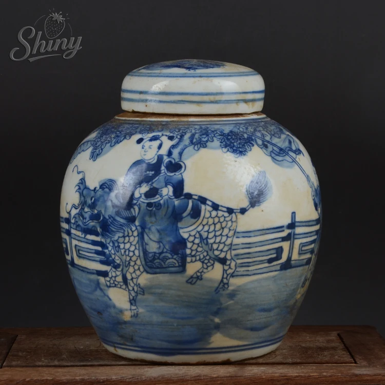 6.2 "الصينية الأزرق والأبيض الخزف جرة سلالة تشينغ جينغدتشن كيلين و طفل تصميم وعاء الشاي العلبة إكسسوارات ديكور منزلي