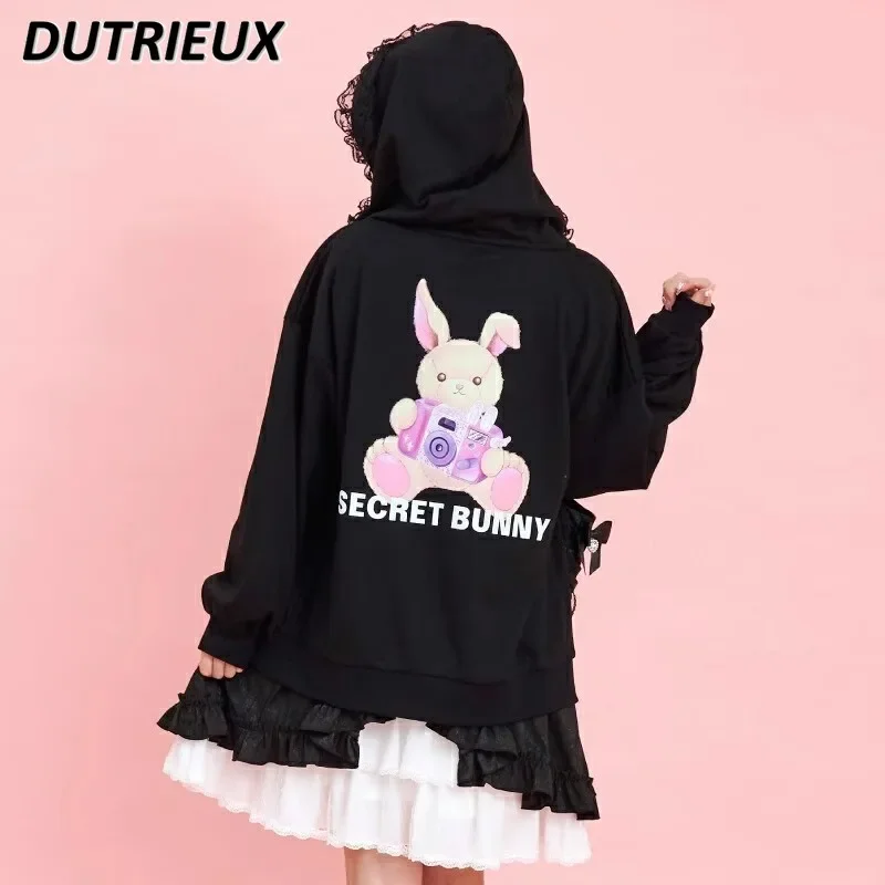 Primavera novo bonito doce meninas borda de renda dos desenhos animados impressão cor sólida moletom hoodies versátil jaqueta com capuz manga longa zíper