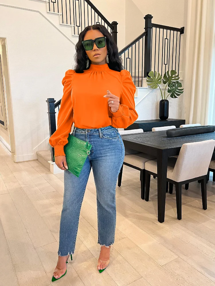 Women's Bow Back Stand Collar Puffy Long-sleeved Shirt Solid Color Top Autumn/Winter 2023 New Shirt Office Ladies Work Shirt