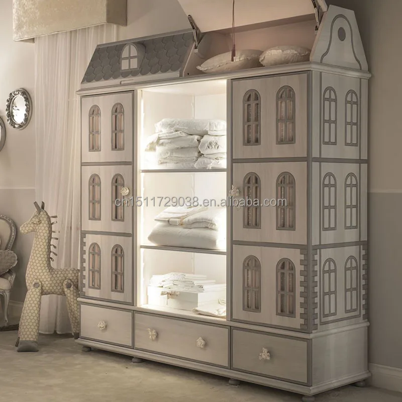 French House-Shaped Dollhouse Kids Wardrobe Wooden Armoire Children's Storage Cabinet with Drawers