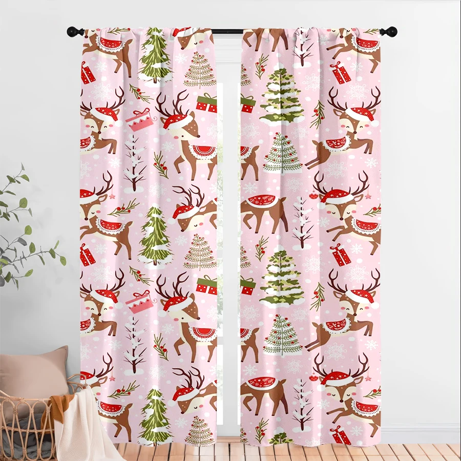 2PCS Christmas Curtains, Pink Reindeer Trees, Digital Print, Bedroom Living Room Kitchen, Rod Pocket Polyester, Home Decor