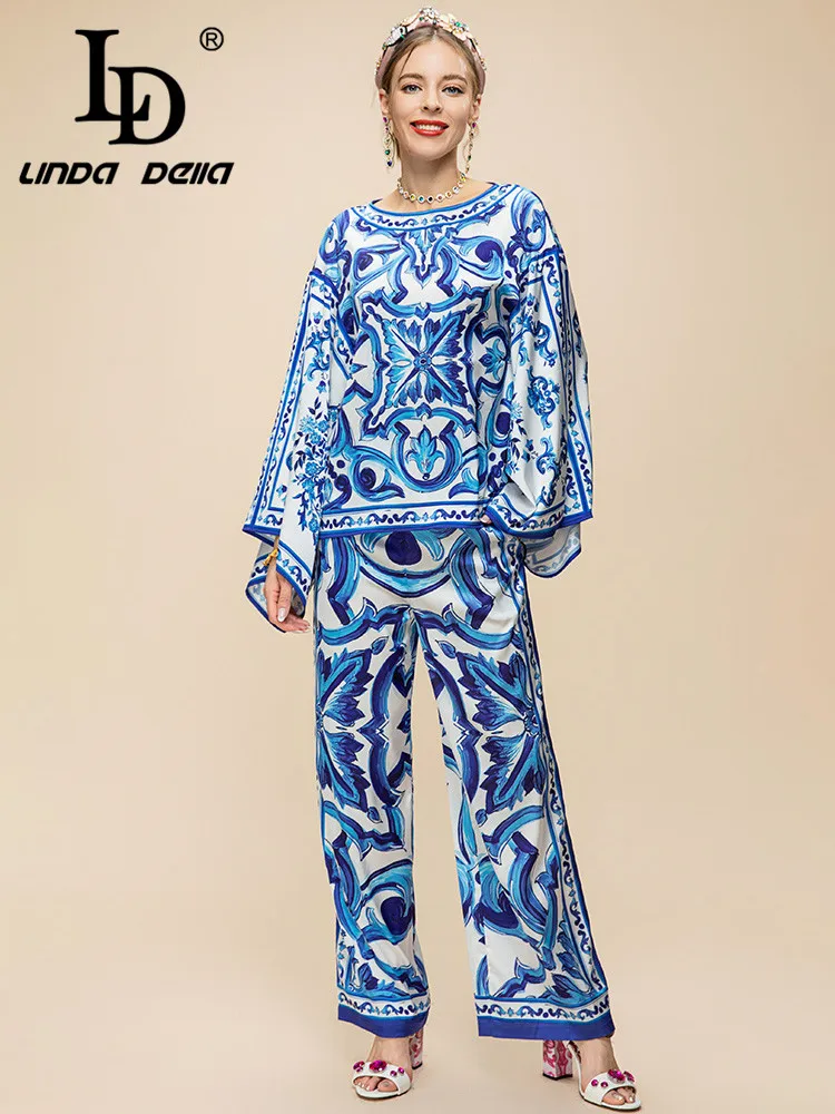 LD LINDA DELLA Summer Runway Designer Set Women's Blue Flare Sleeve Print Loose Top+Beach Straight Trouser 2 Pieces Set