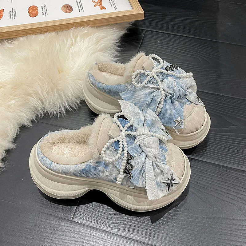 

Fashion New Platform 5-8 cm New Cotton Warm Slippers Autumn and Winter Women Cute Bow Wool Girl Slippers