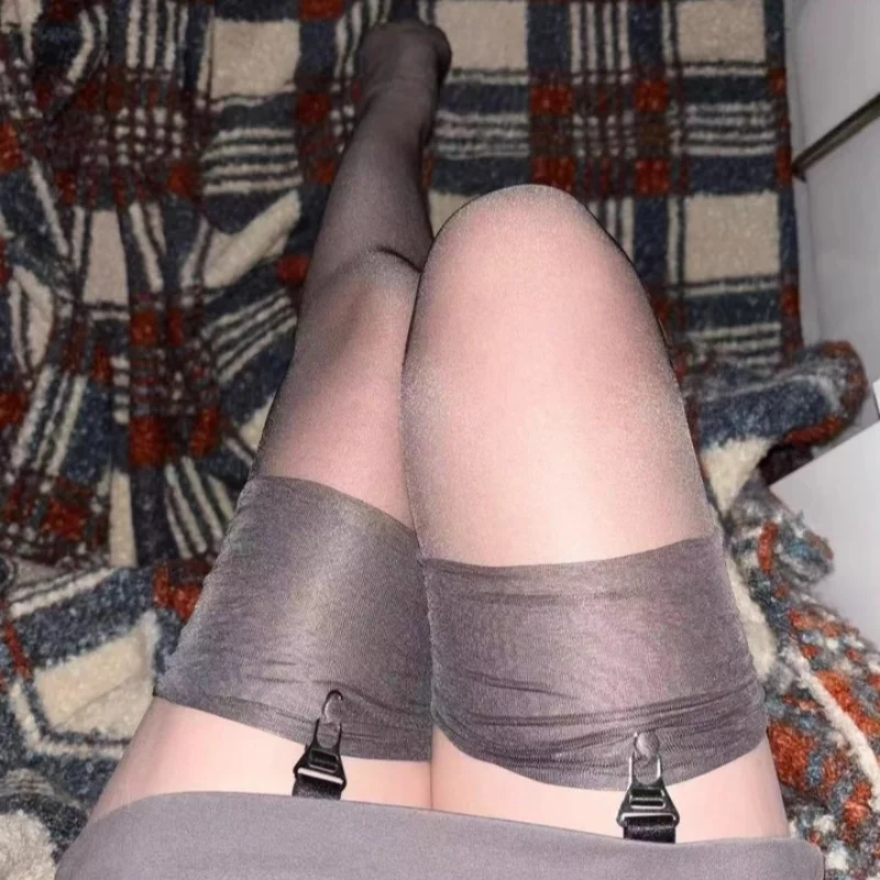 Gothic Gray Stockings 110cm Length Long Leg See Through Hosiery Sexy Lingerie Women Breathable Thigh High Suspender Stockings