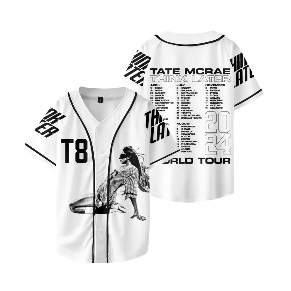 Tate McRae Think Later World Tour Baseball Jersey V-neck White 3D Print  Tee Shirt Streetwear Summer Man/Woman Hip Hop T Shirts