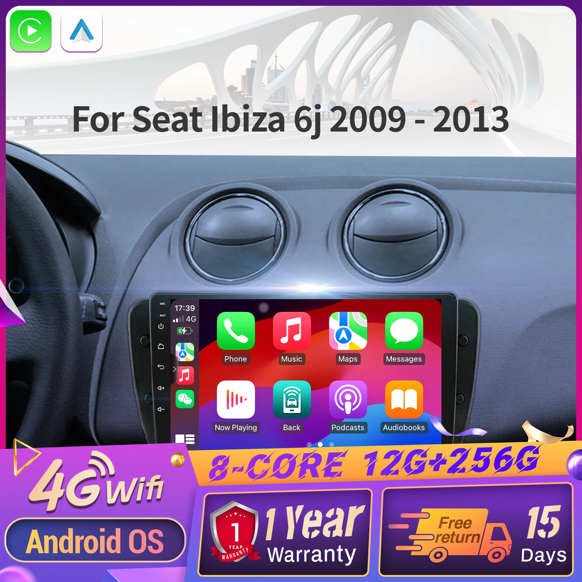 

For Seat Ibiza 6j 2009-2013 4G GPS Multimedia Android 14 Car Radio Navigation Wireless Bluetooth CarPlay 2K Screen Stereo