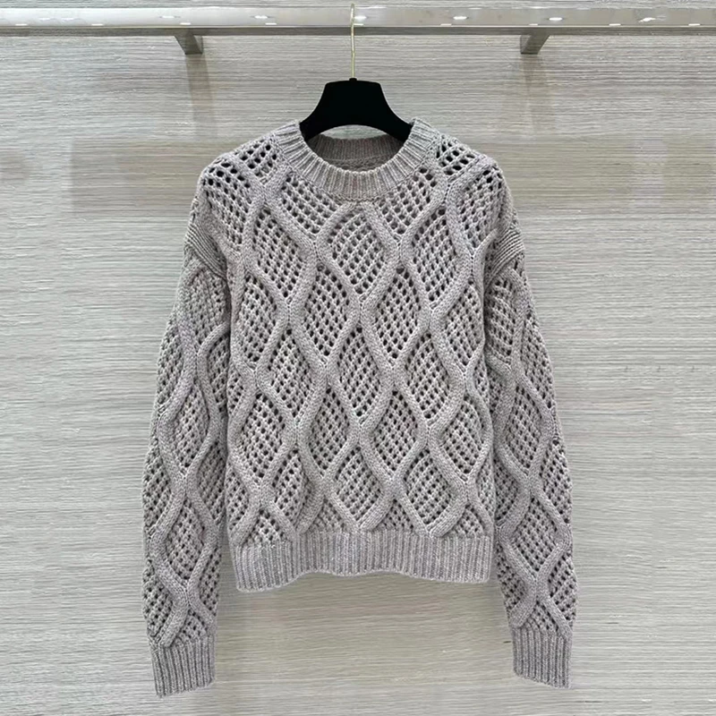 Women\'s diamond plaid hollow crochet jacquard round neck knitted wool cashmere sweater loose cotton sweater tops