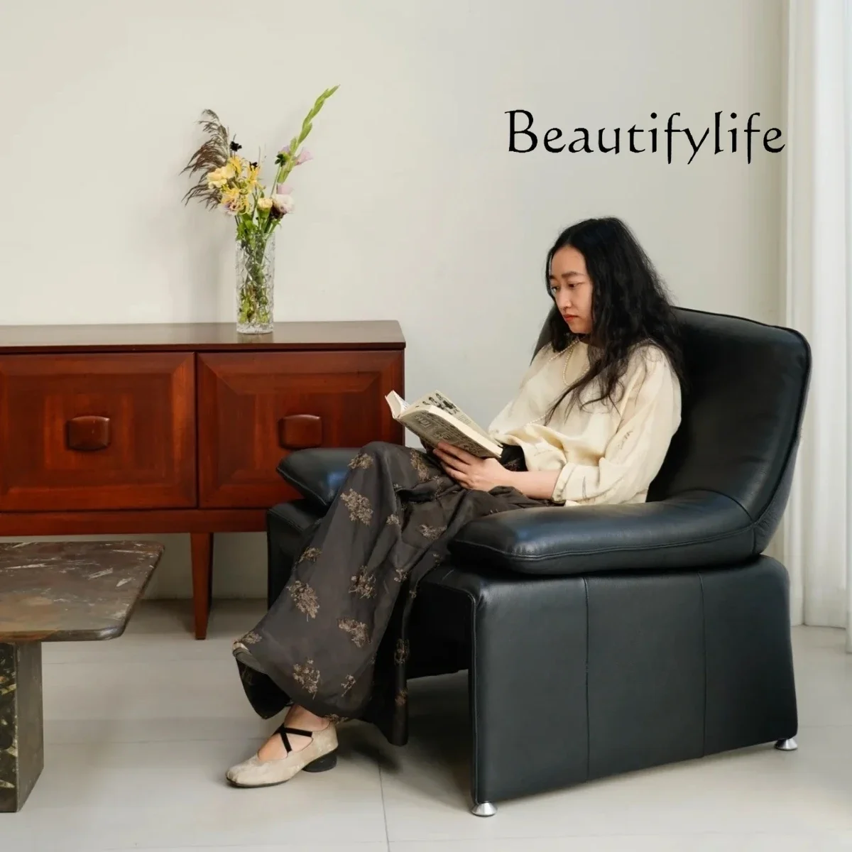 

BY Medieval black leather single sofa chair living room balcony designer creative niche leisure