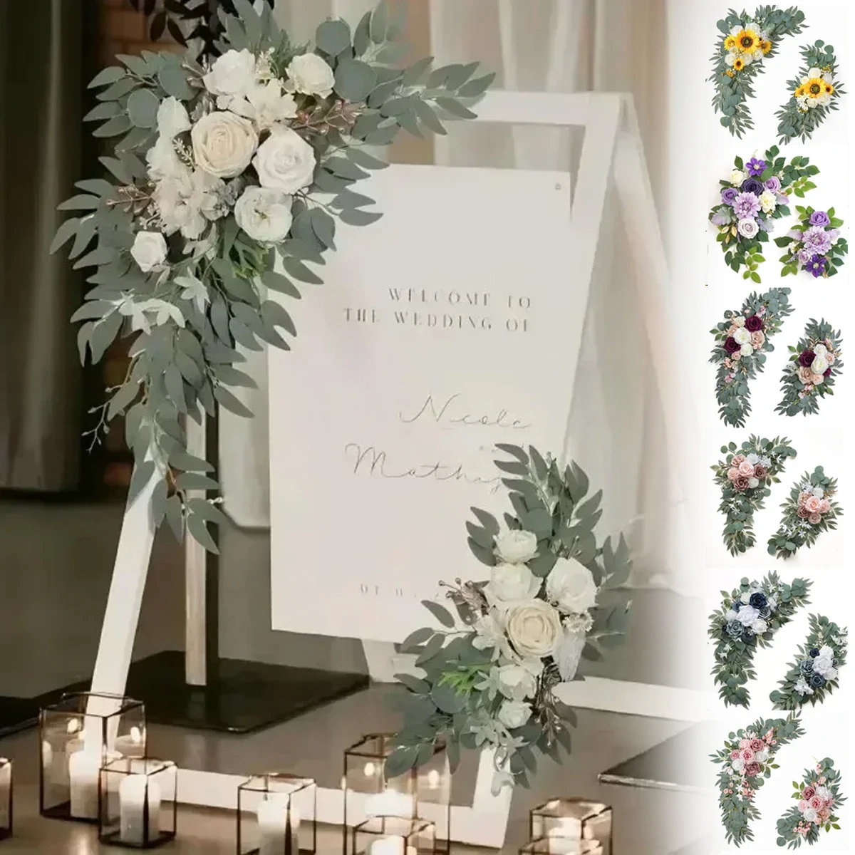 

Artificial Wedding Arch Flowers Kit Romantic White Artificial Flowers Rose Eucalyptus Garland Wedding Decorations Welcome Sign