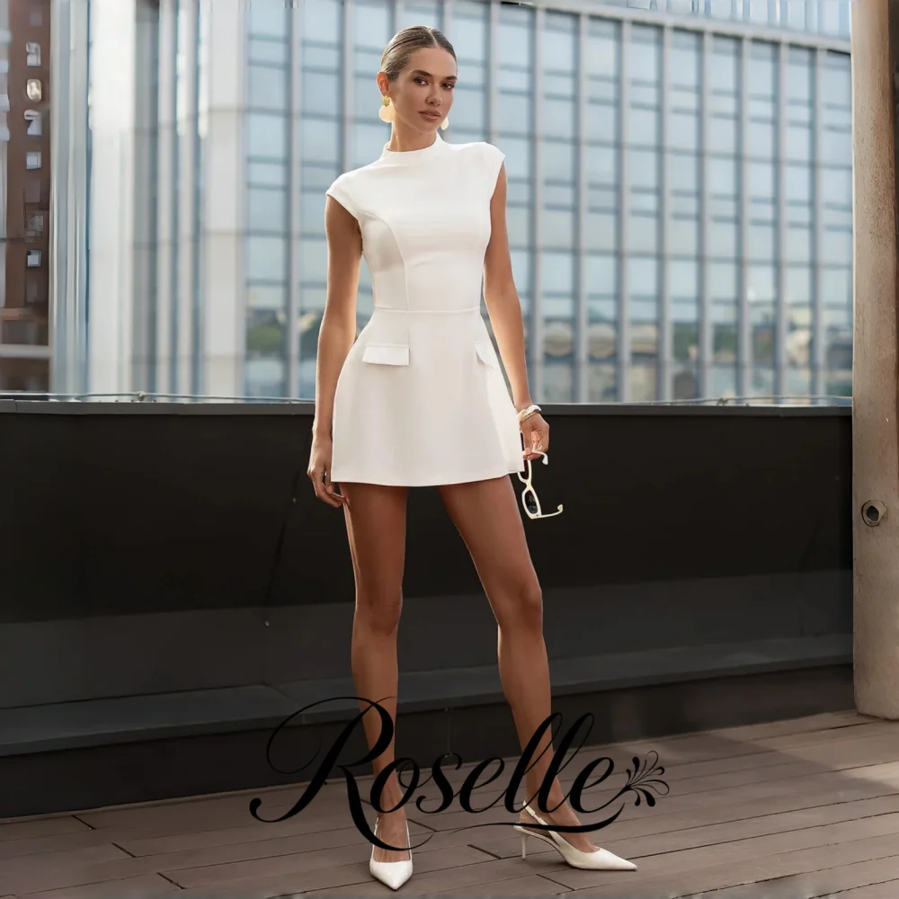 ROSELLE Mini High Neck Cap Sleeve A-Line Wedding Dress White Fake Pockets Women 2026 Bridal Gown Customized свадебное платье