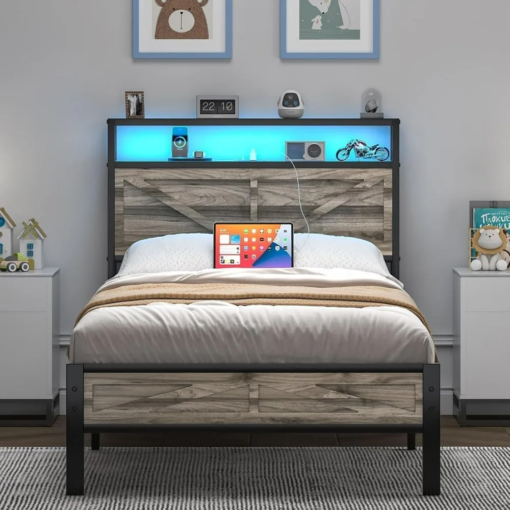 

Twin Bed Frame with Charging Station, Twin Size Bed Frame with LED Lights, Metal Platform Bed with Wood Storage Headboard