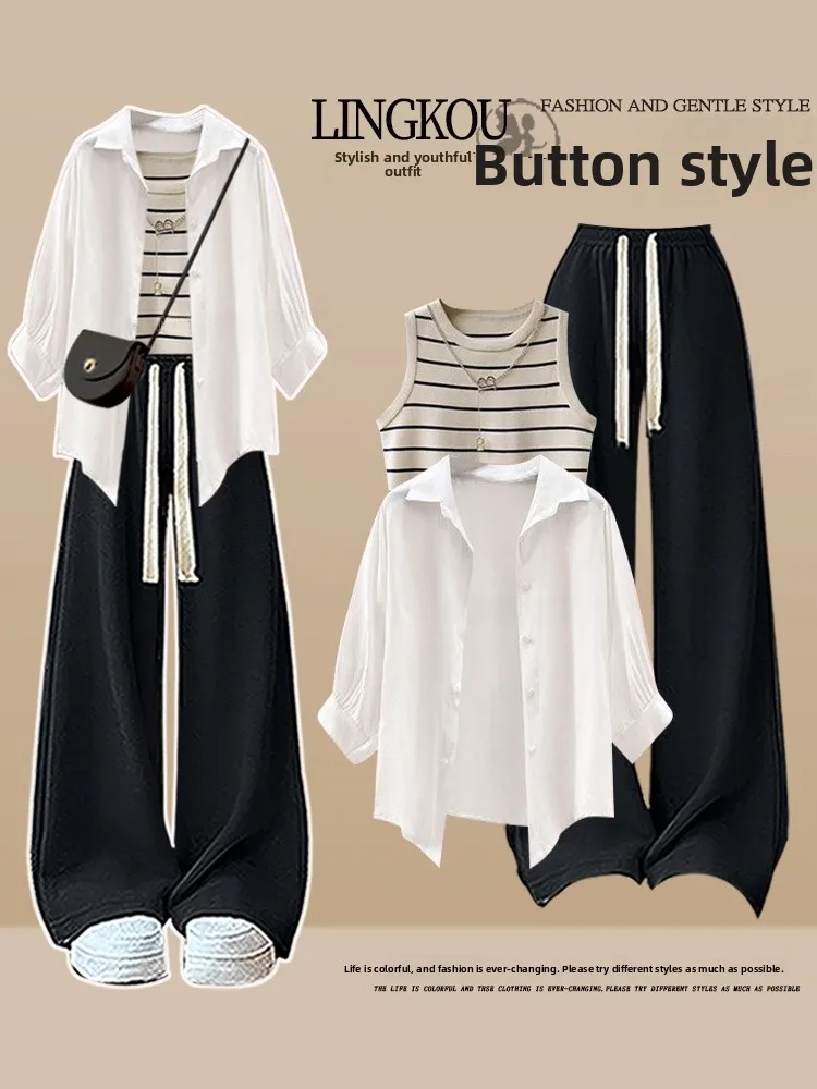 Summer Spring plus Size Casual Ele Women's Set Sunscreen irt Stripe Vest Wide Leg Slimming Casual Pants Tee Piece Set