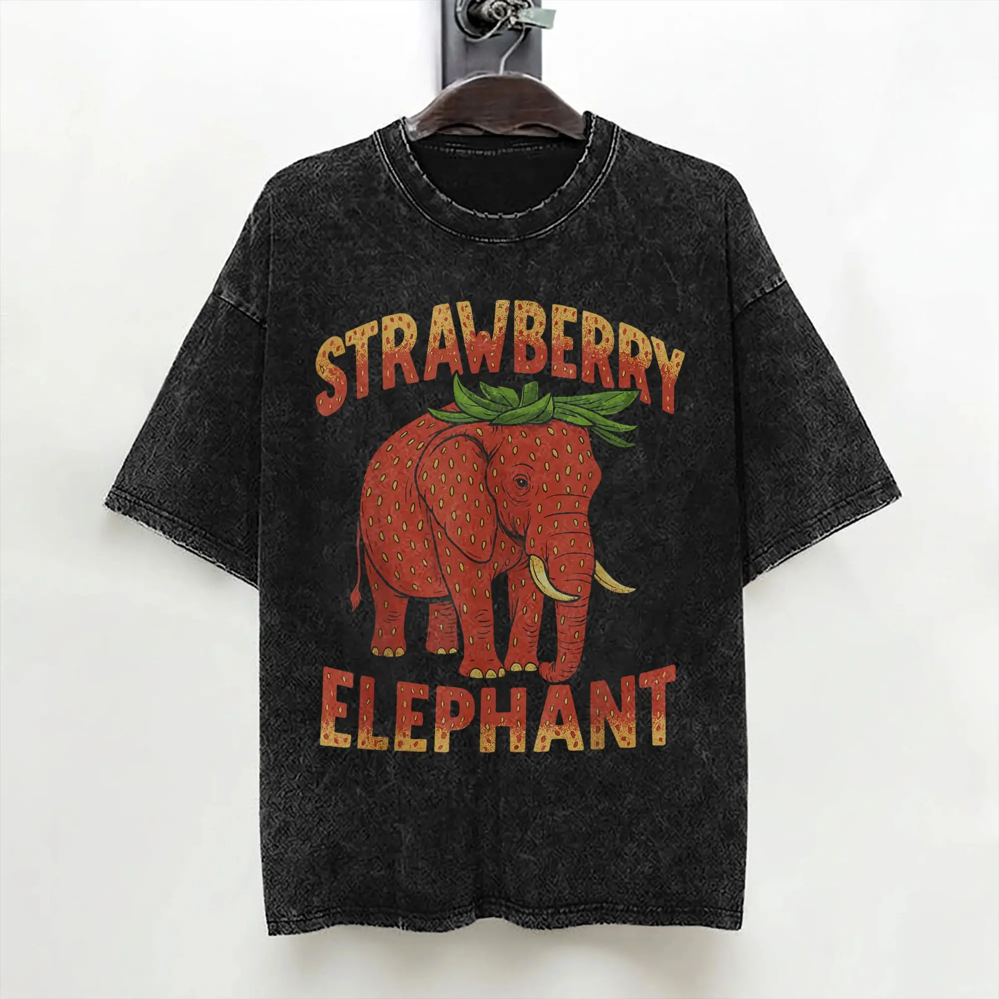 Italian Brainrot Strawberry Elephant T Shirt Hip Hop Washed Short Sleeve Harajuku T-Shirts Retro Men Tops Streetwear Printed Tee
