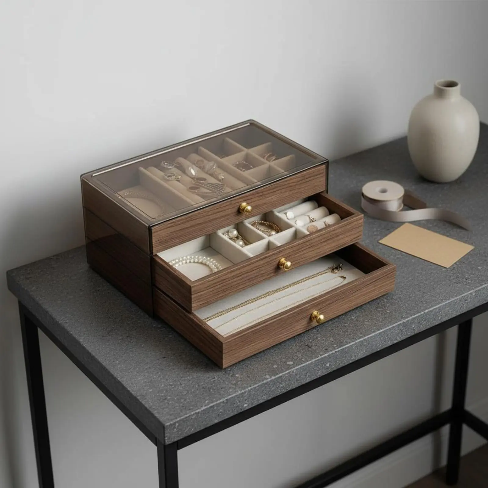 

Walnut Wood Grain Jewelry Case Removable Dividers 3-Drawer Jewelry Chest Multi-Compartment Storage Case Soft Luxe Interior