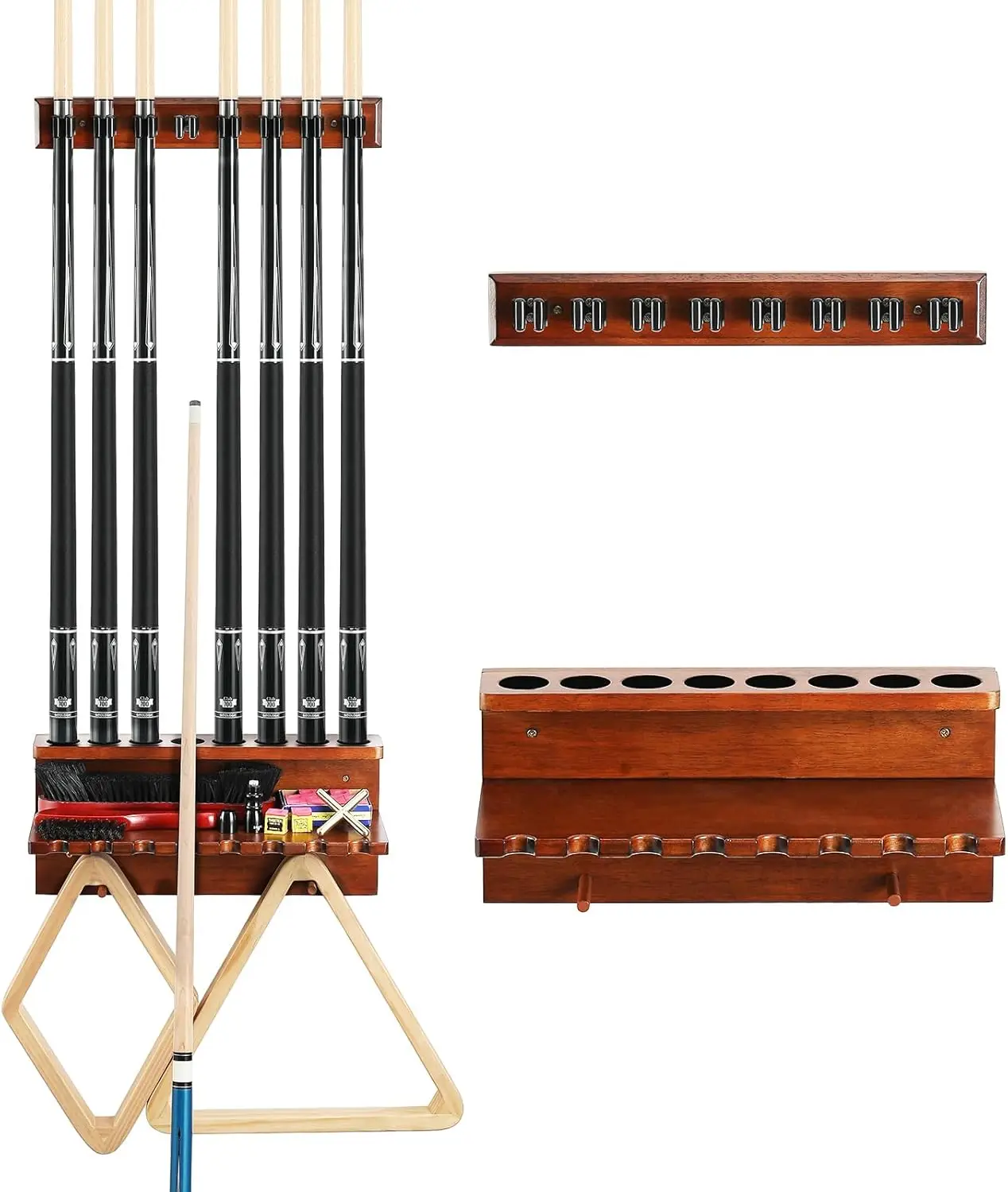 

Wall Mount Pool Cue Rack for 8 Sticks, Hardwood Storage Organizer for Billiards Table Accessories