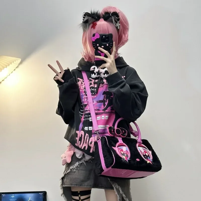 الدب حقيبة كروسبودي Harajuku Y2k حقيبة يد نسائية Kawaii الأسود حقيبة قطيفة اليابانية الحلو فتاة المرأة حقيبة سفر عالية السعة