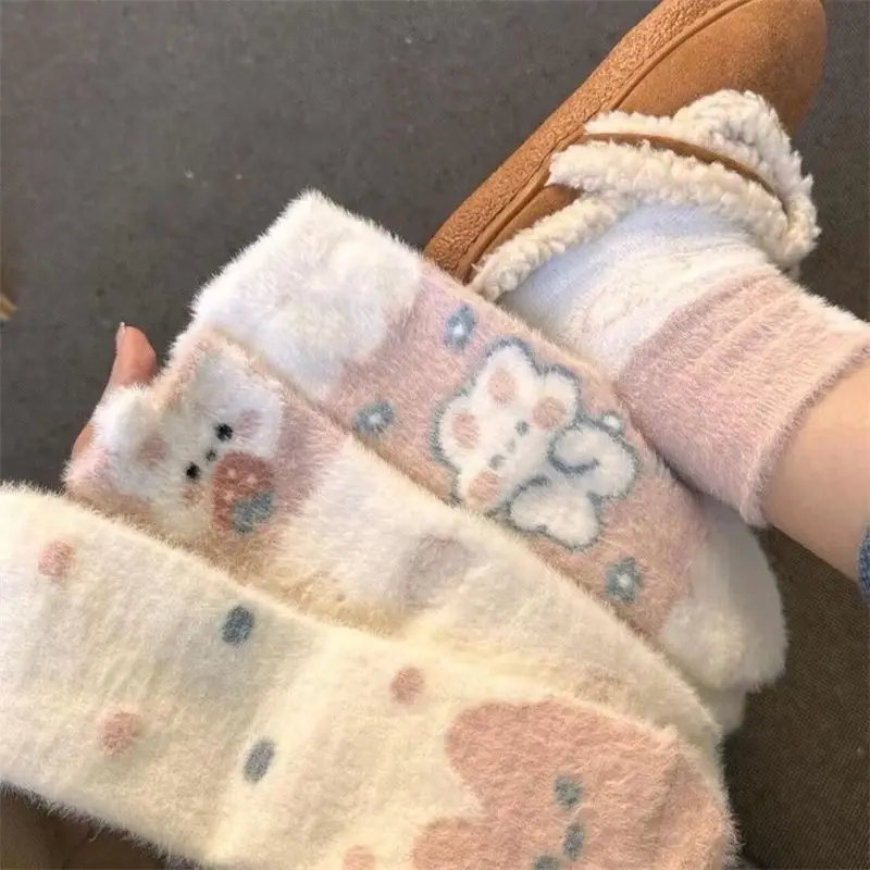 

5 Pairs 2025 Thick Fleece Thermal Socks for Women Cute Cartoon Bunny Home Floor Warm Socks Short Sleeping Socks Set Wholesale