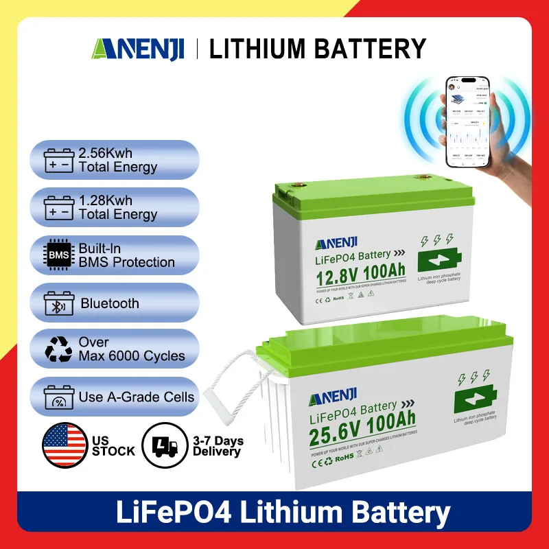 ANENJI 12.8V/25.6V 100AH  12.8V  300AH LiFePO4 Lithium Battery with Bluetooth, Max.1280Wh  2560Wh 3840WH Energy, Low Temperature Protection
