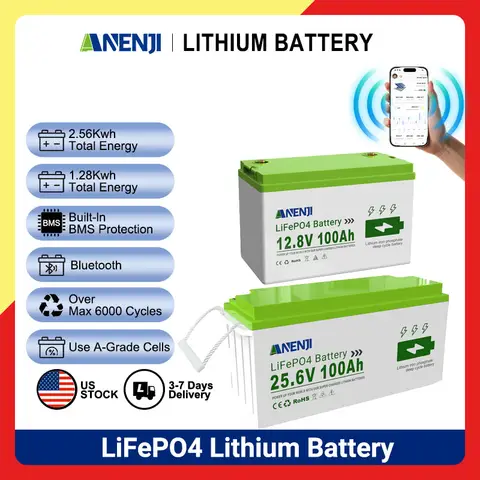 ANENJI 12.8V/25.6V 100AH LiFePO4 Lithium Battery with Bluetooth, Max.1280Wh  2560Wh Energy, Low Temperature Protection