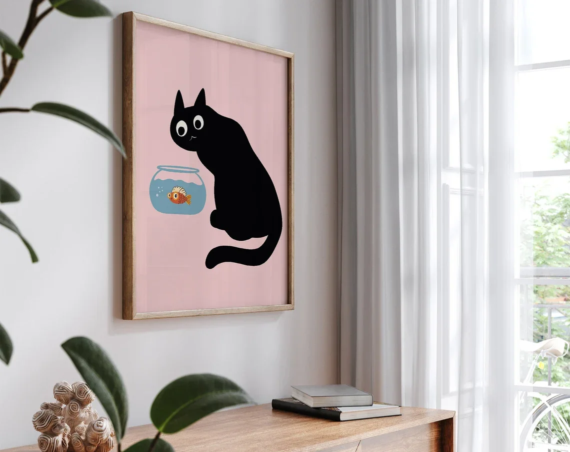 Funny Cat & Goldfish Bowl Poster: Quirky Dorm Room Wall Art，Perfect Gift for Cat Parents, Farmhouse Home Stylists