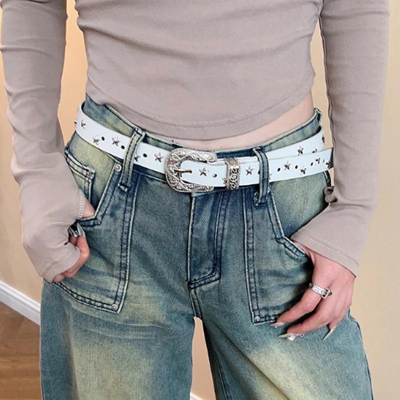 103cm Five-Pointed Star Waist Belt Women Men Y2K Punk PU Leather Belts Star Black White Waist Strap for Jeans Skirt Decoration