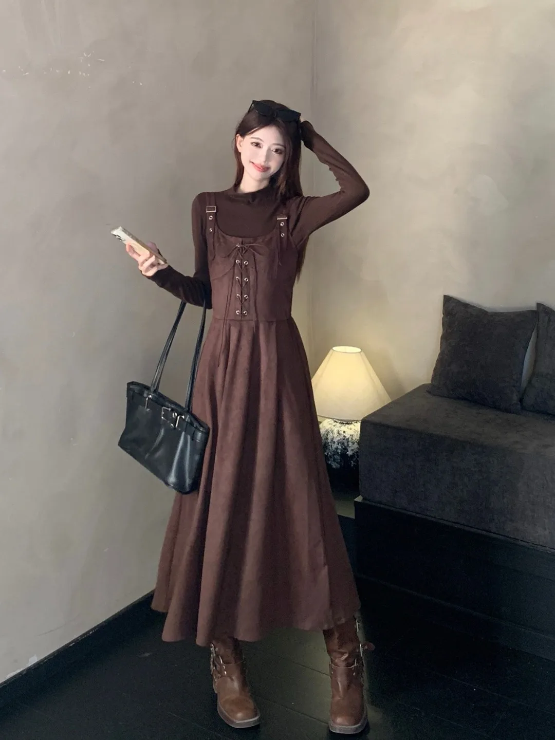 

plus Size Women's American Retro Plaid Suede Vest Dress Belted Base Layer Top Bottom Two-Piece Set Autumn Winter New Style