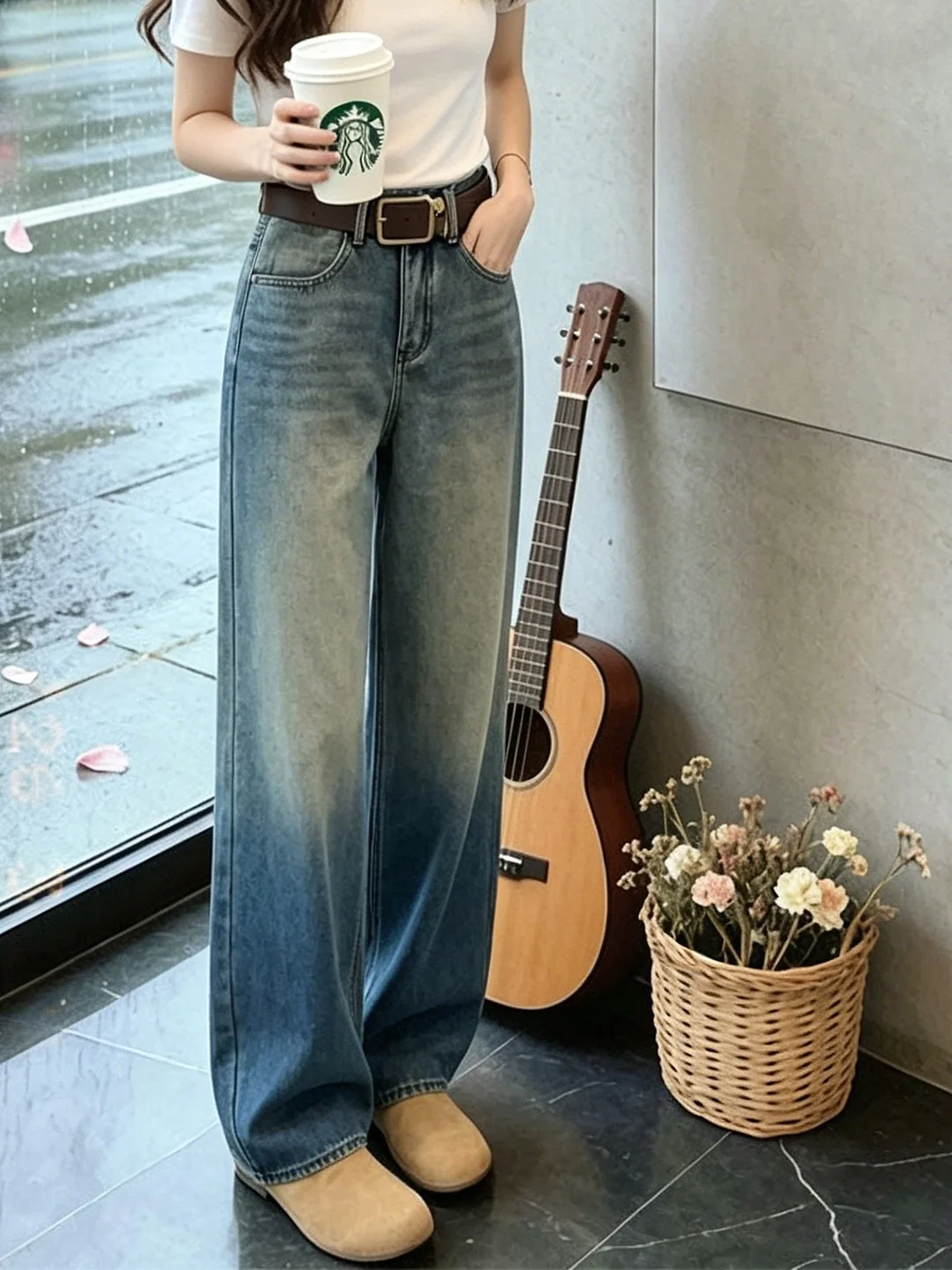 High Waist Wide Leg Pants Women's Loose Fit Straight Jeans Summer 2026 Vintage American Style Versatile High Waist Knife 