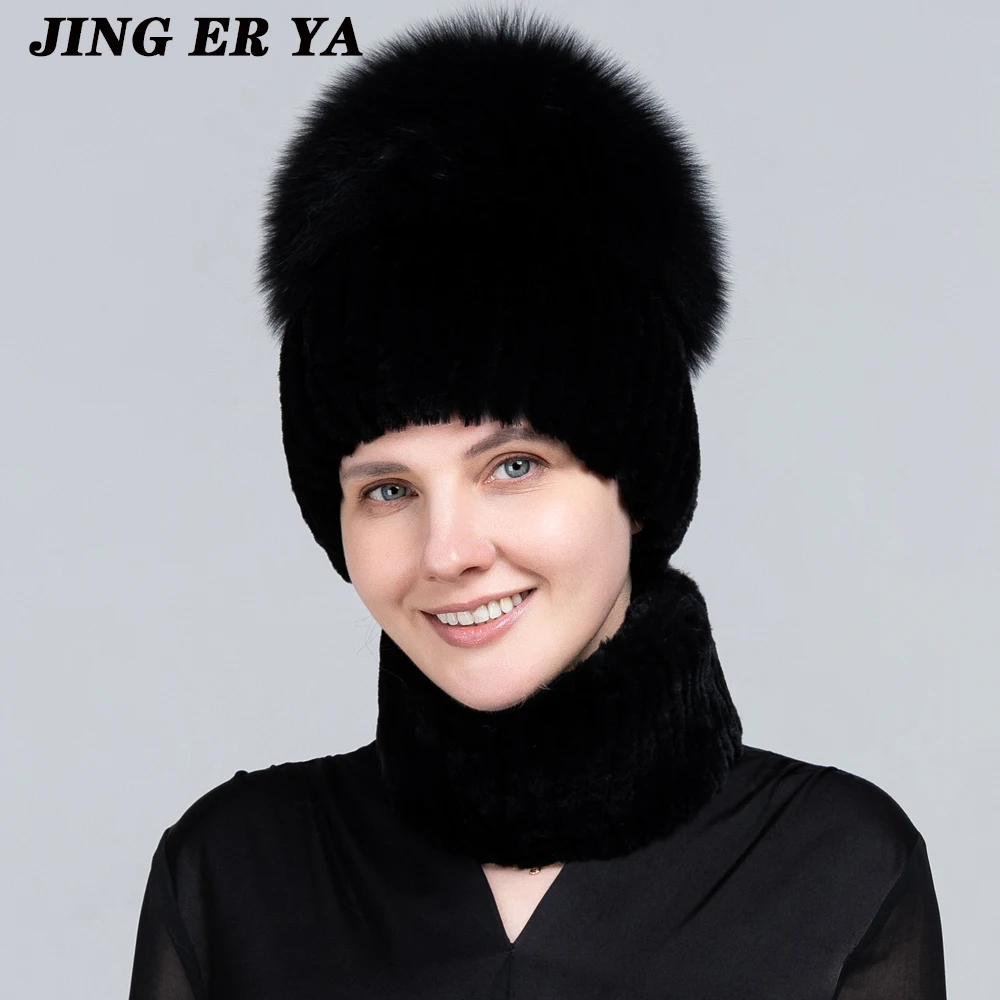 JINGERYA Hot Sale Winter Women Luxury Real Fox Fur Hat Scarf Sets Lady Natural Rex Rabbit Fur Hats Knitted Fox Fur Cap Scarves