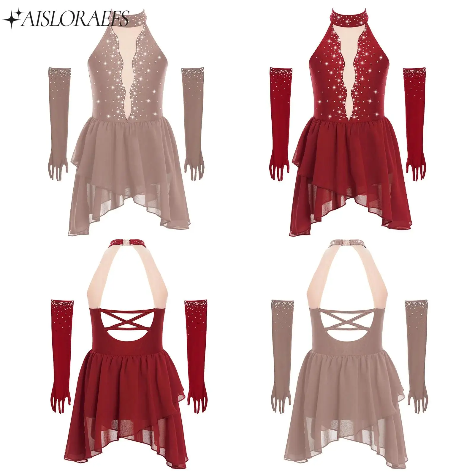 

Child Sleeveless Figure Skating Dance Outfits Girls Rhinestone Mesh Irregular Hem Dress+Gloves Ballet Lyrical Modern Dance Sets