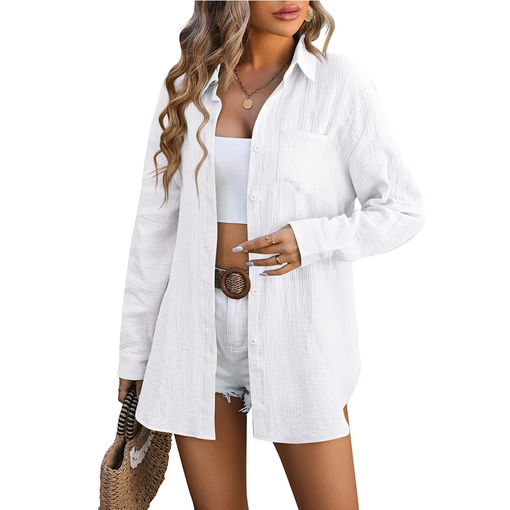 2024 Spring Summer New Blouse Beach Cover Shirt Wrinkled Casual Shirt Female Casual Long Sleeve Overshirt Women Top Cardigan