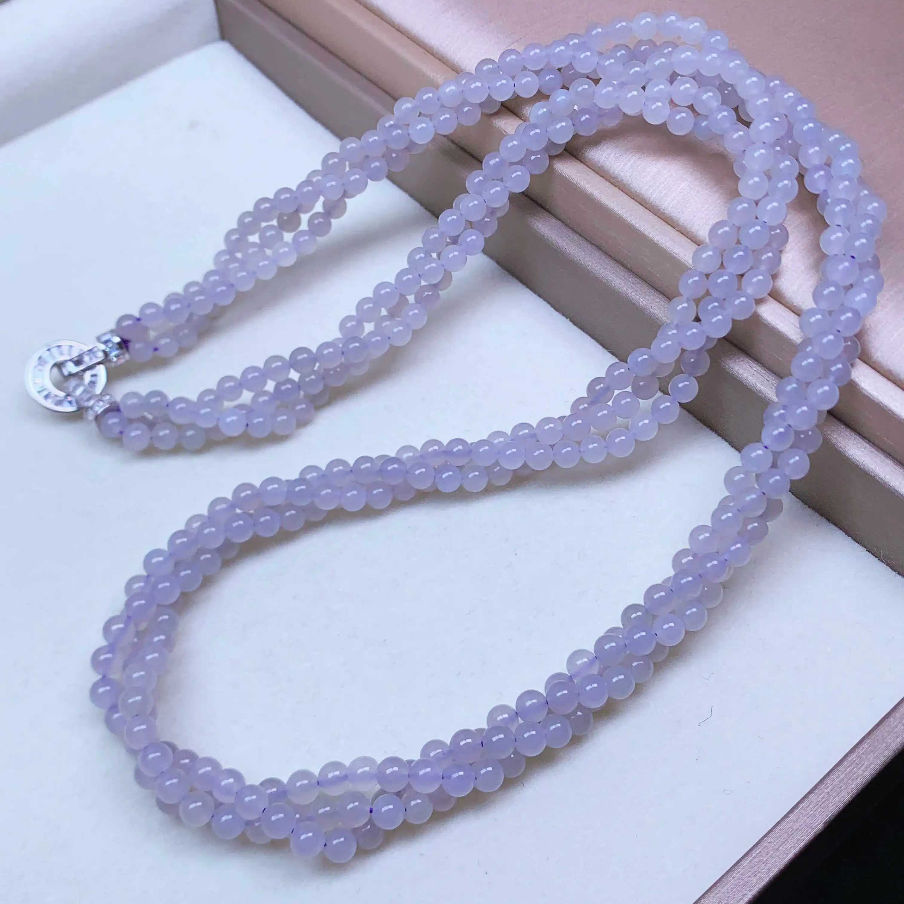 4mm Natural Lavender Hetian Jade Braided Necklace, 3 Layer Twist Beaded Choker with S925 Silver Clasp