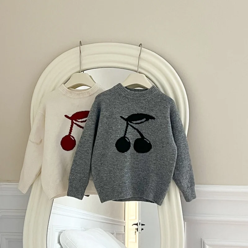 Sweet cherry sweater for girls and babies, children's Korean soft and sticky inner layer, outer layer, knitted top sweater