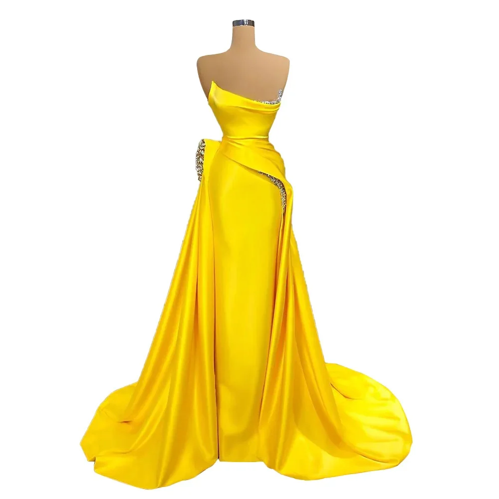 Robe De Soiree Yellow Beaded Strapless Mermaid Evening Dresses Ruched Satin Prom Party Gowns