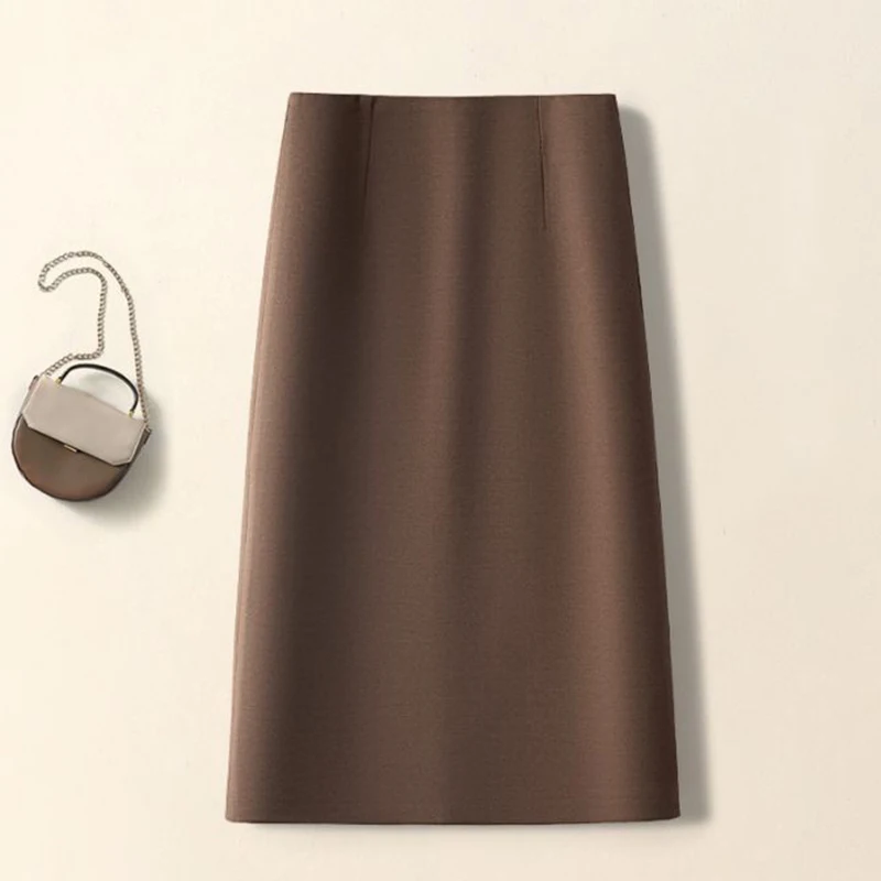 Autumn Winter Female Thin A-line Wool Skirts Girls Classic Korean High Waist Skirts Women Fashion Solid Mid-Long Dress